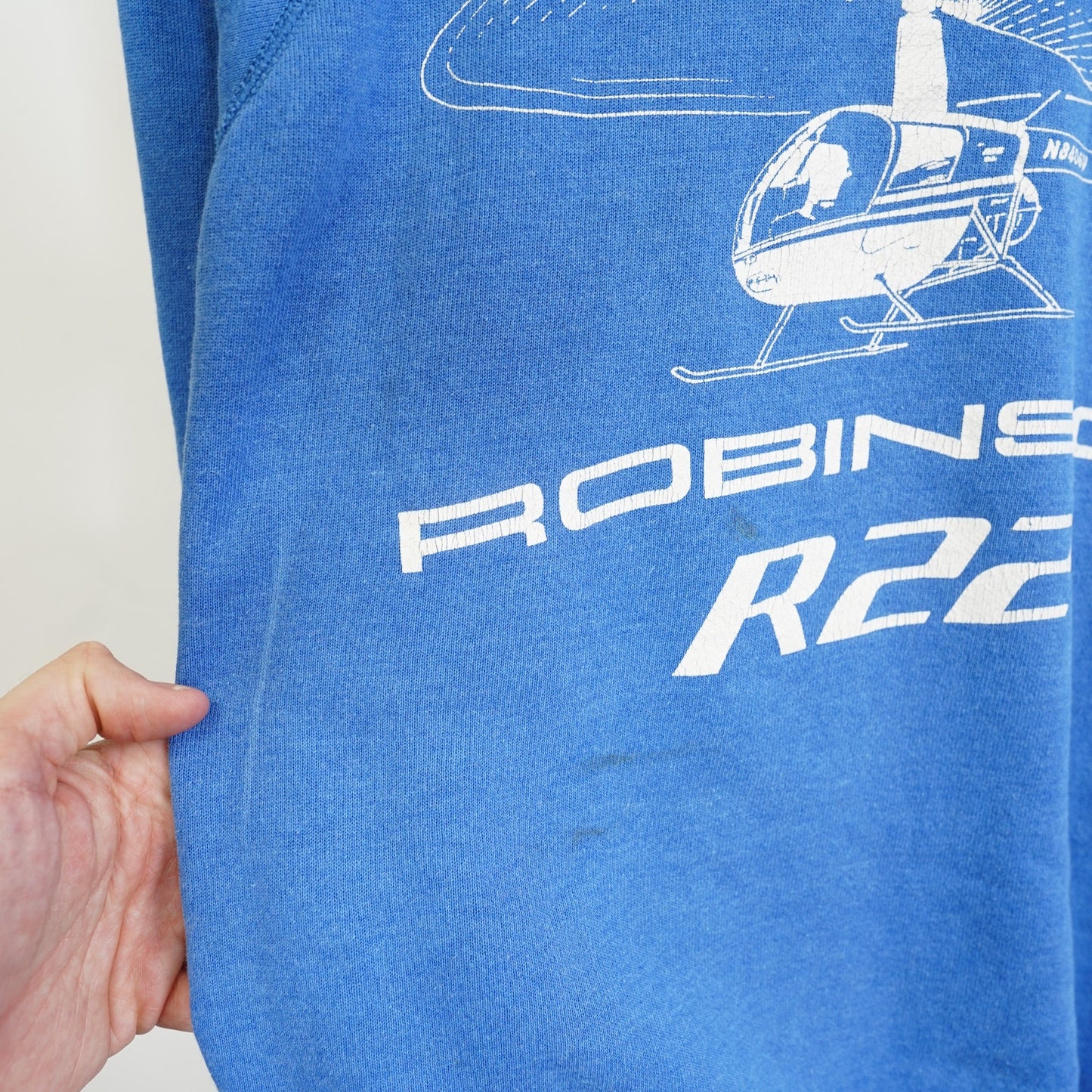 (L) Vintage Robinson R22 Helicopter 80s Sweatshirt Men's L Blue Pilot Indie Retro