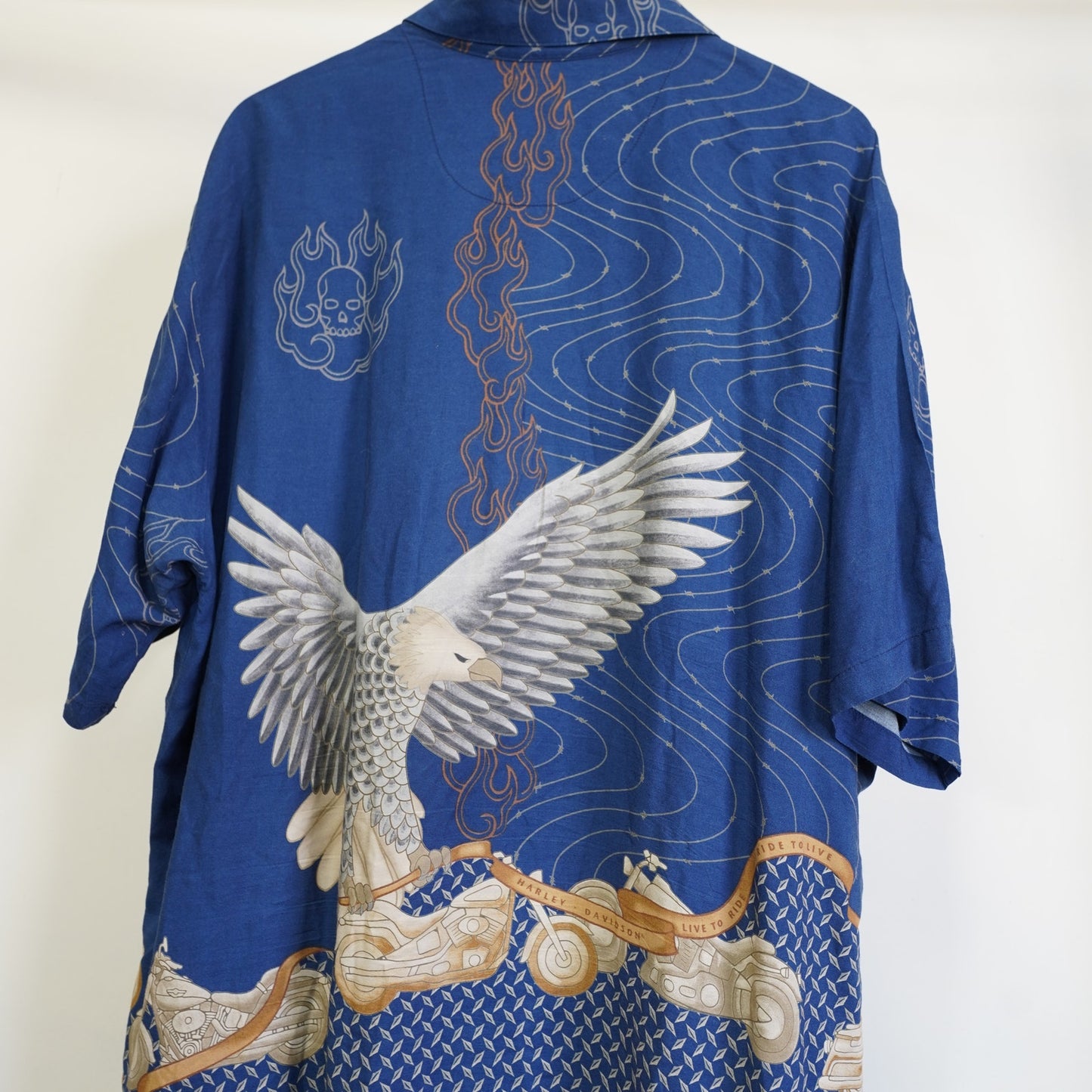 (XXL) Vintage Harley Davidson Screamin Eagle Hawaiian Shirt Men's XXL Blue Motorcycle