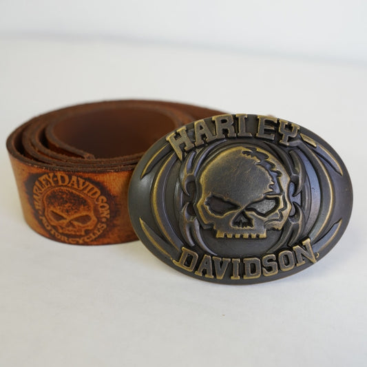 (Sz. 38) Vintage Harley Davidson Willie G. Skull Biker Belt Buckle Leather 2008 Brown Sz. 38