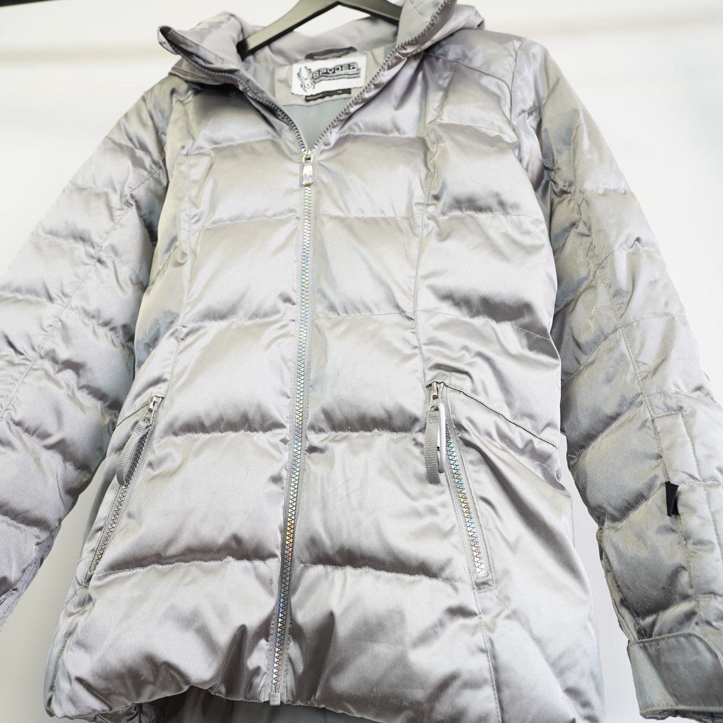 (Women's L) Vintage Spyder Y2K Silver Chrome Down Puffer Jacket Womens L 16 2000s Futuristic