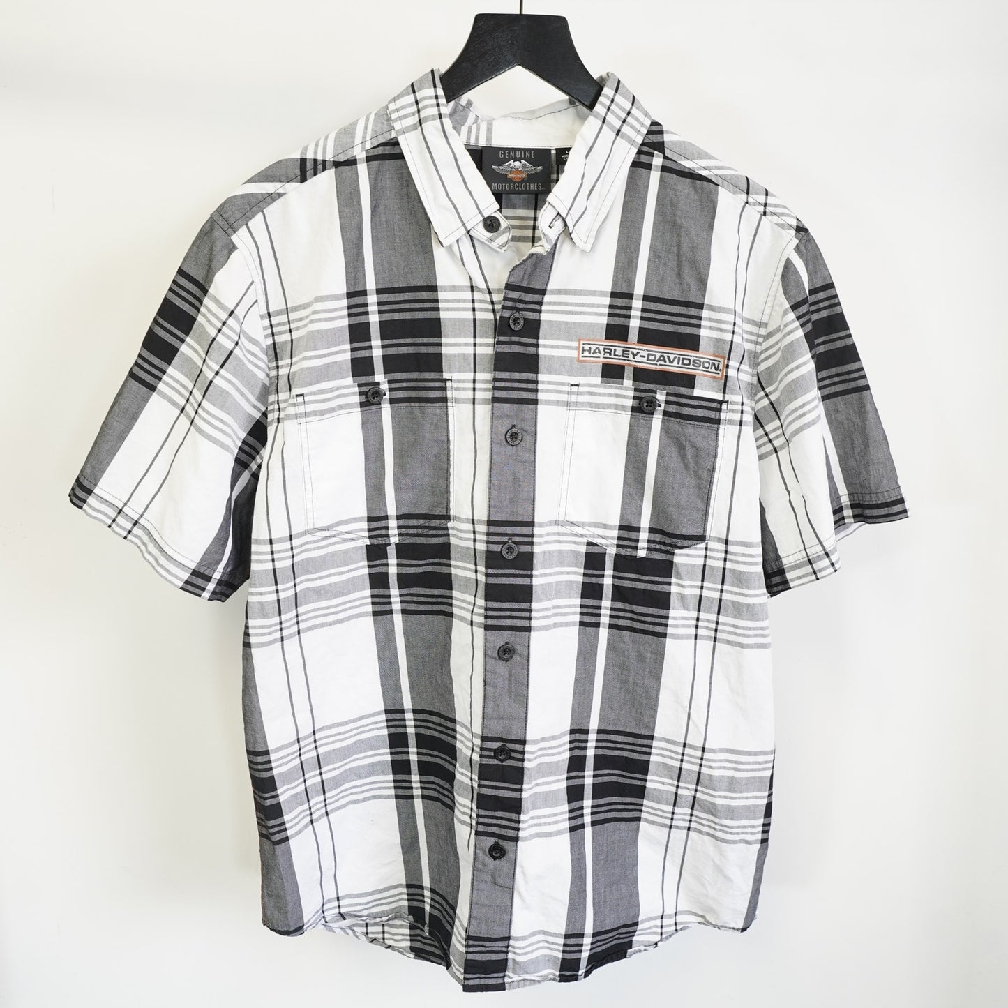 (L) Harley Davidson Motorcycles Plaid Biker Work Shirt Men's L Embroidered White