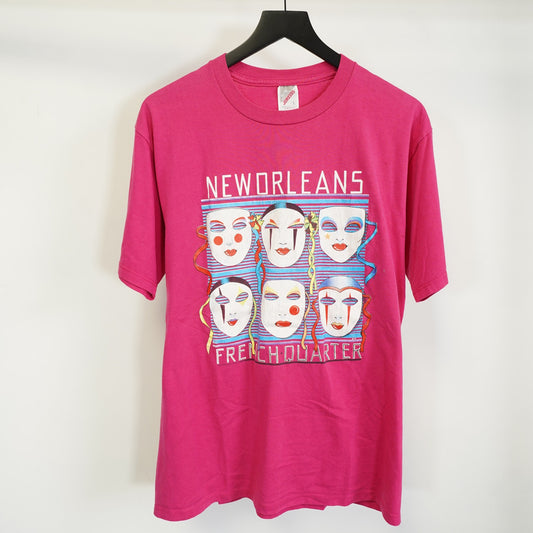 (L) Vintage New Orleans French Quarter Masquerade T-Shirt Men's L Pink Mardi Gras