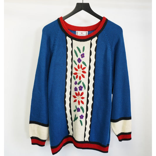 (L) Vintage Capucci 90s Knit Floral Sweater Men's L Blue Flower Embroidered Cottage