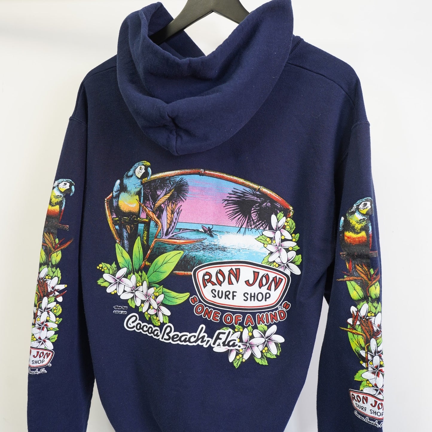 Vintage Ron Jon Surf Shop Tropical Hoodie Men's M Navy Blue Parrot Hawaiian
