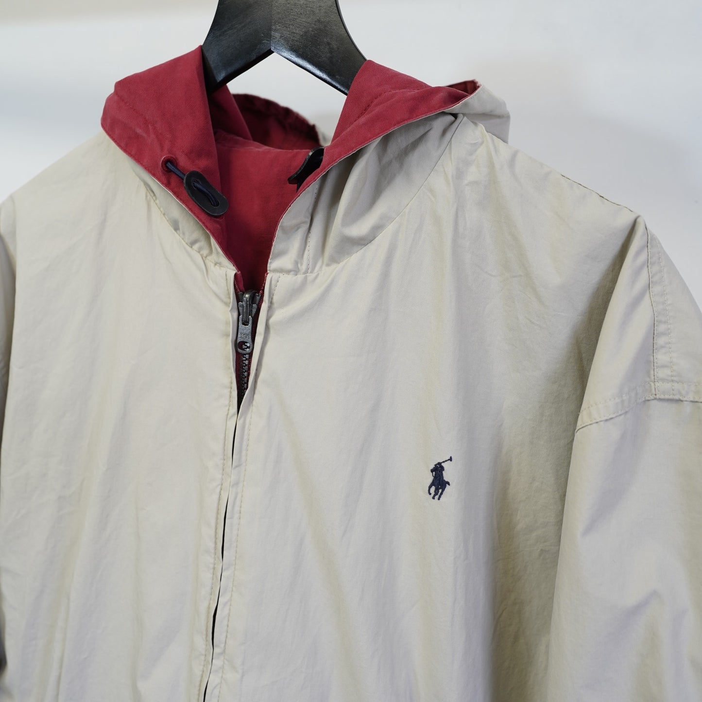 (L) Vintage Polo Ralph Lauren Reversible Hooded Rain Jacket Men's L Red Cream