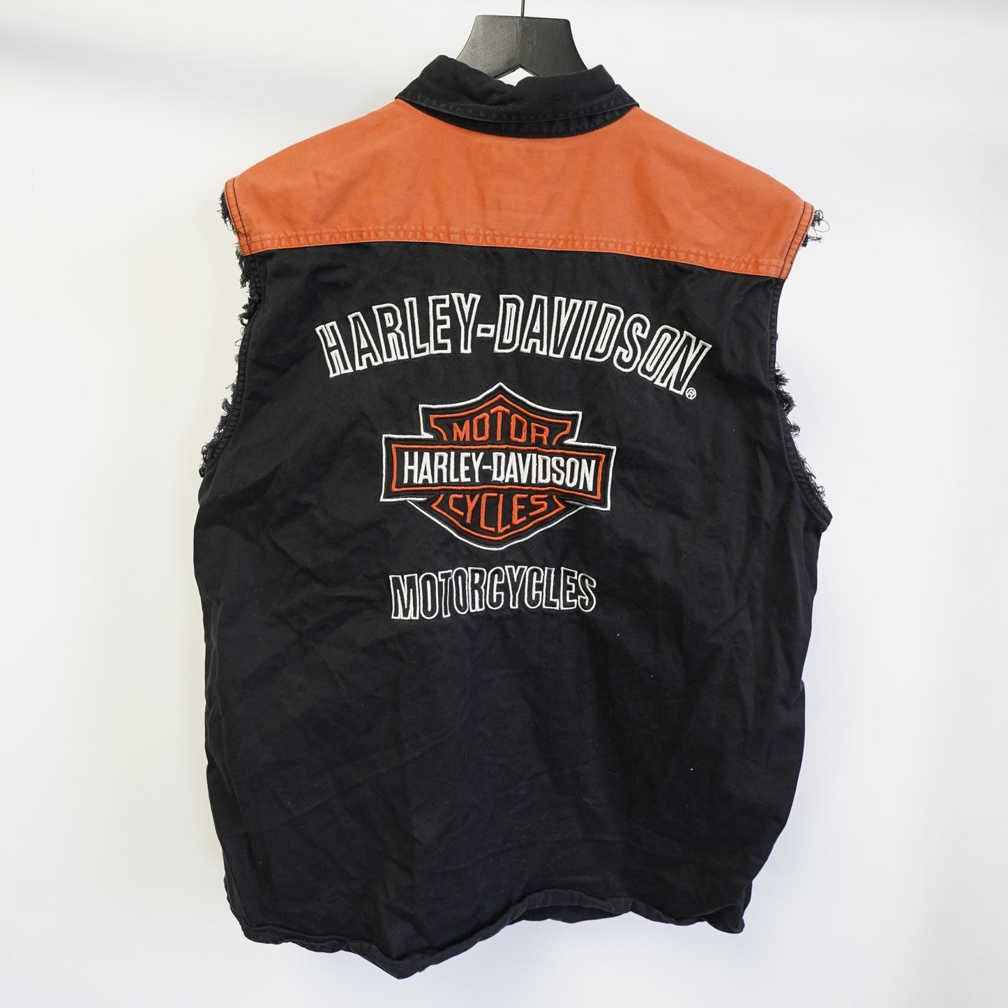 (M) Vintage Harley Davidson Motorcycle Vest Stitched Men's M Black Oranger Biker