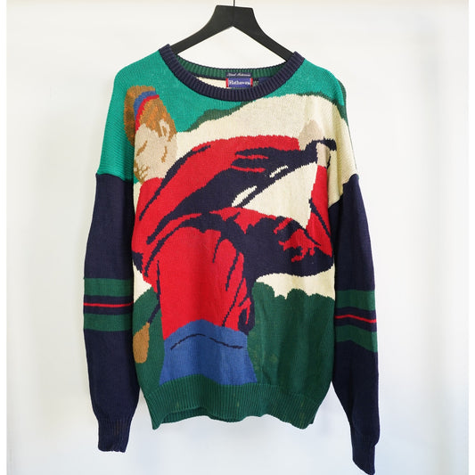 (L) Vintage Hathaway Hand Intarsia Golf Sweater Men's L Multicolor 90s Aop Crewneck