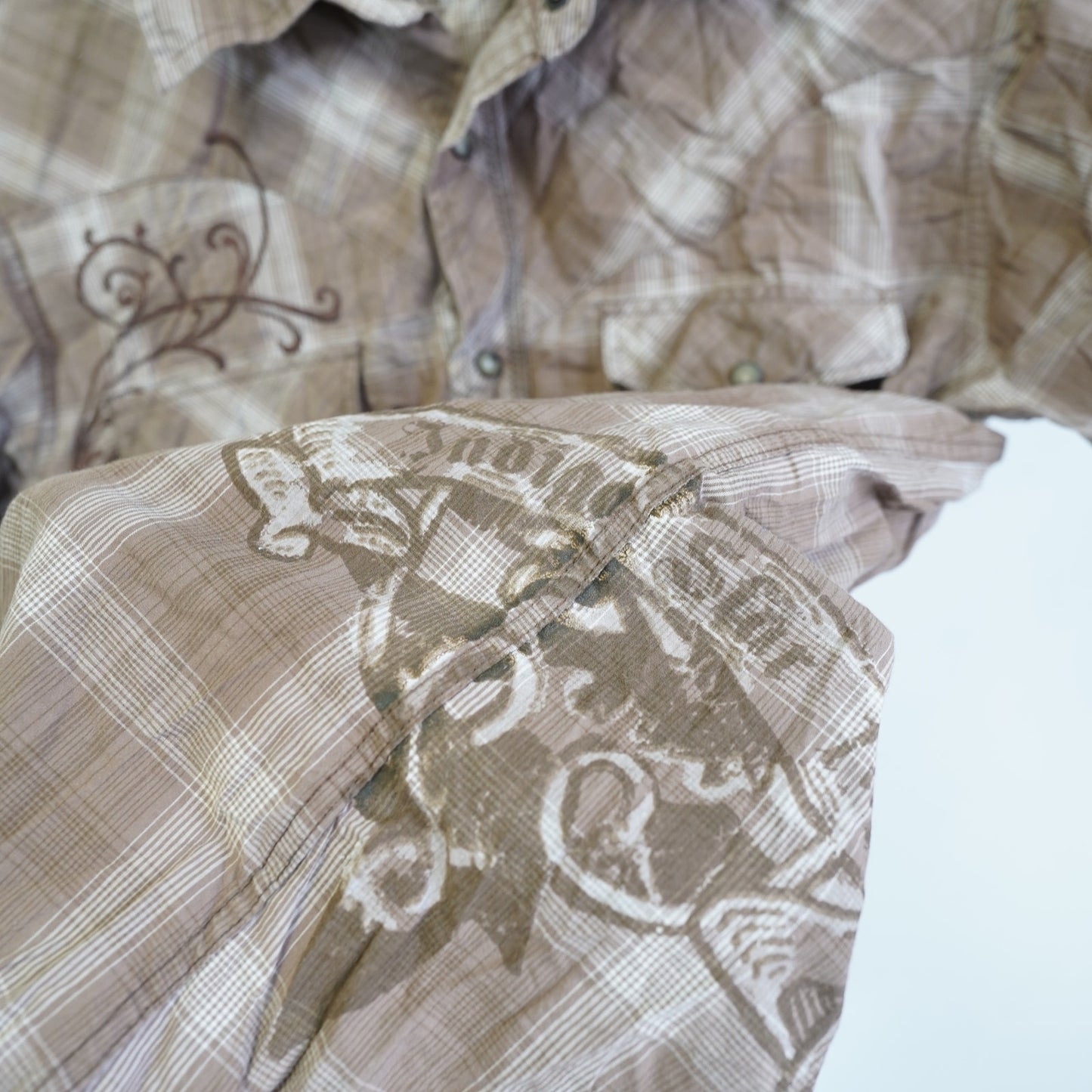 (S) Vintage Indigo Star Y2K Embroidered Western Pearl Snap Button Up Mens S Tan 2000