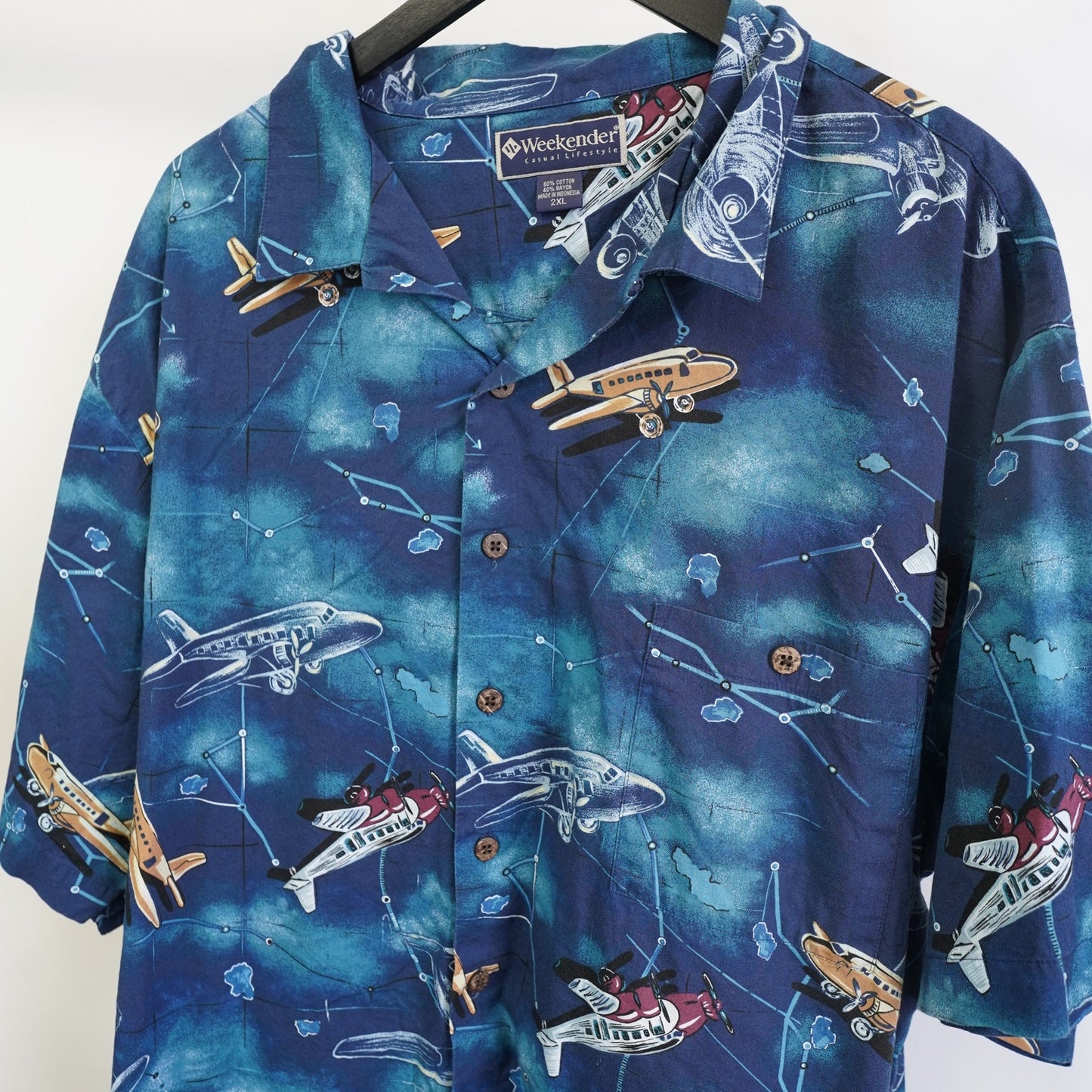 (XXL) Vintage Weekender Airplane Hawaiian Shirt Men's XXL Blue Aviation All Over Print