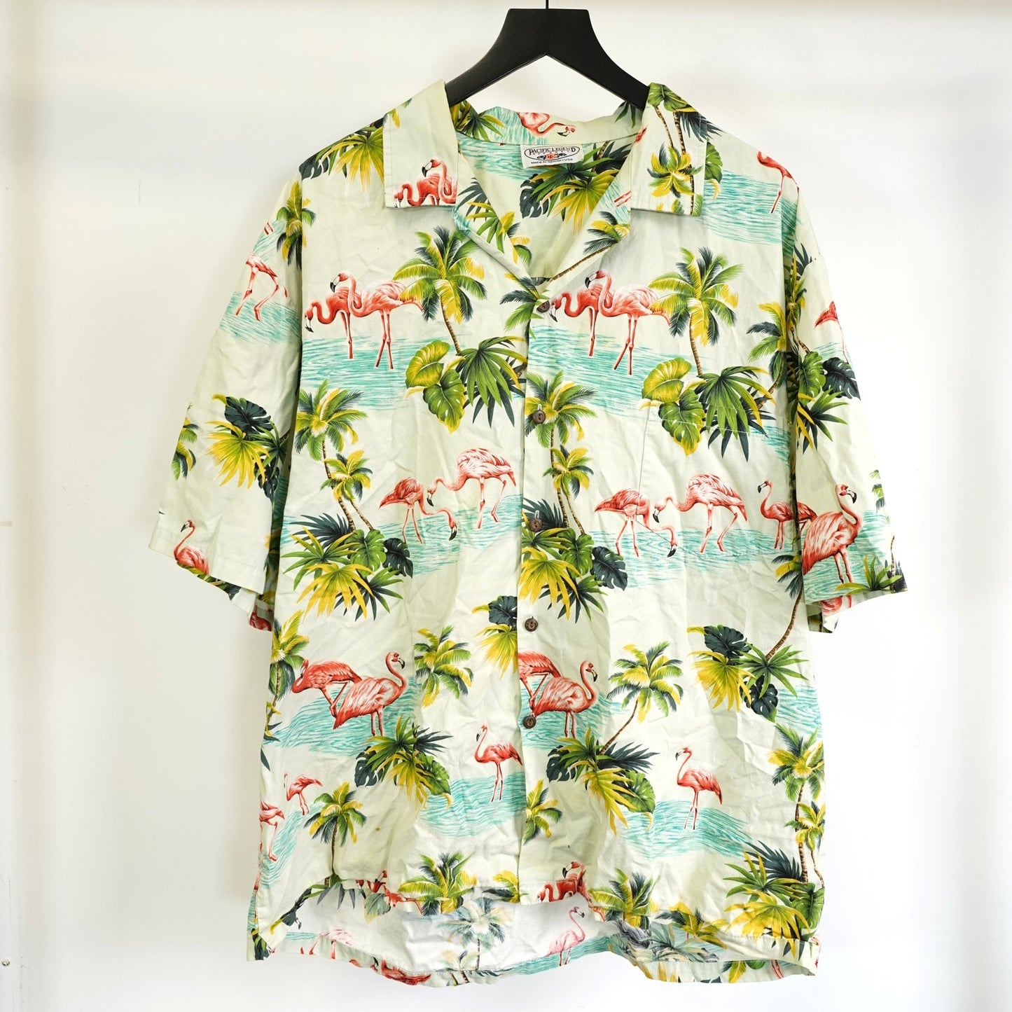 (XL) Vintage Pacific Legend Flamingo Hawaiian Button Down Shirt Men's XL White Polo
