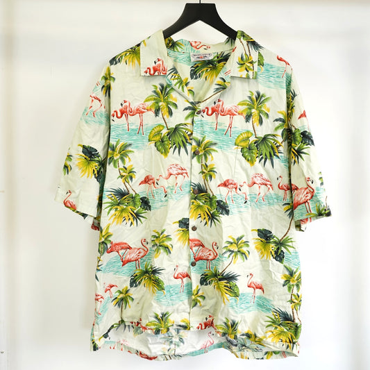 (XL) Vintage Pacific Legend Flamingo Hawaiian Button Down Shirt Men's XL White Polo