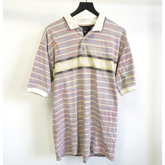 (L) Vintage Greg Norman 90s All Over Print Striped Golf Polo Shirt Mens L Multicolor