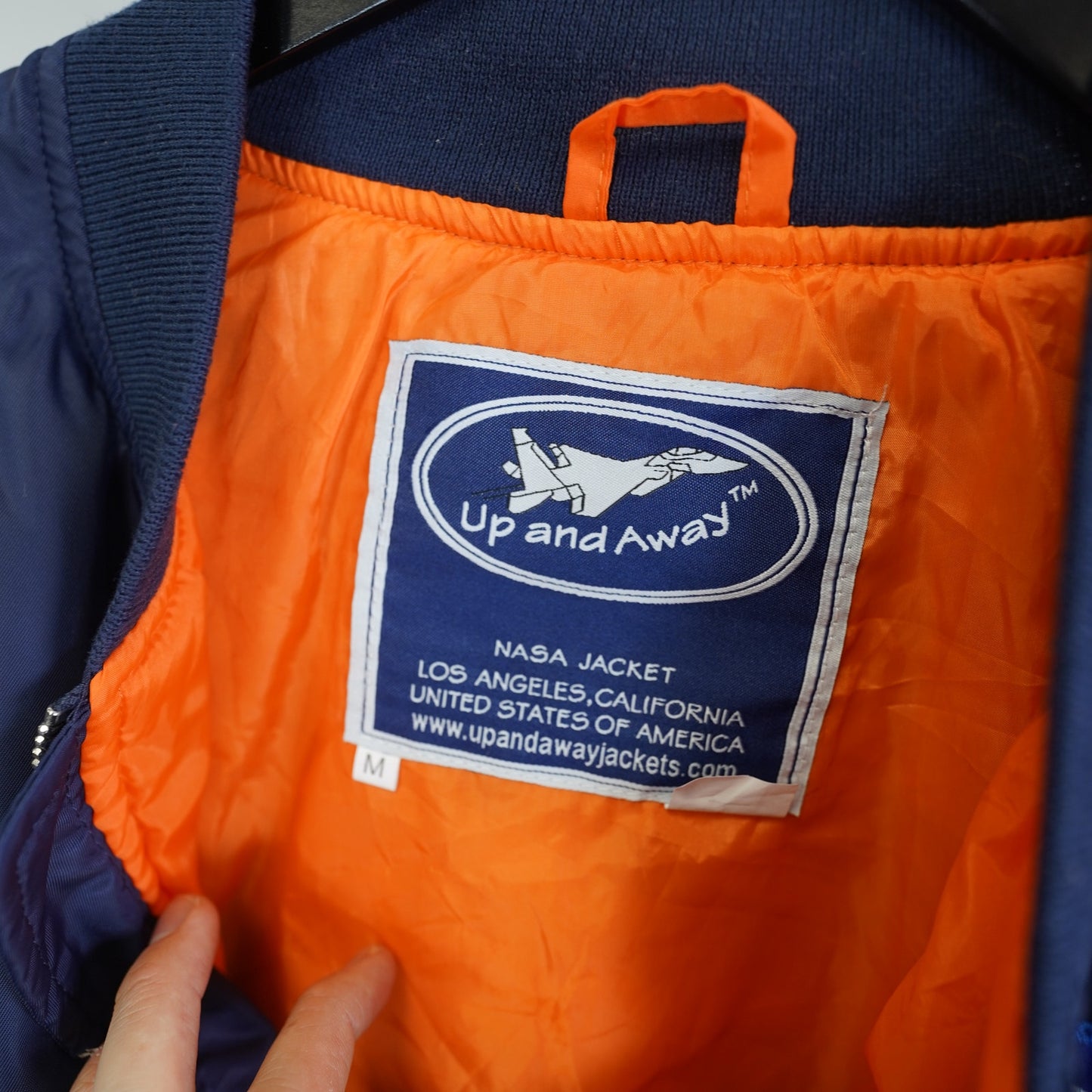 (M) NASA Flight Bomber Jacket Sewn Patch Adult Size Medium Blue Orange Up and Away