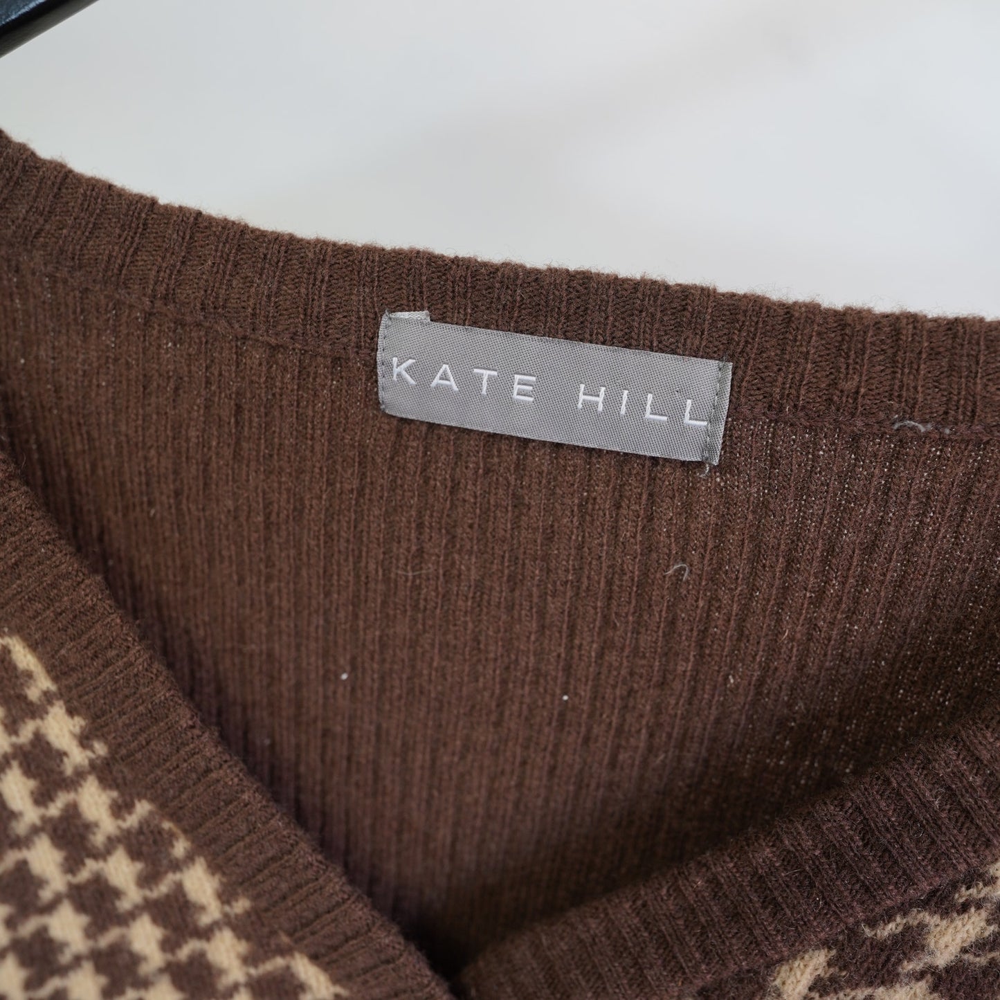 (Women's M) Vintage Kate Hill Houndstooth Cardigan Knit Sweater Women's M Brown Tan Preppy