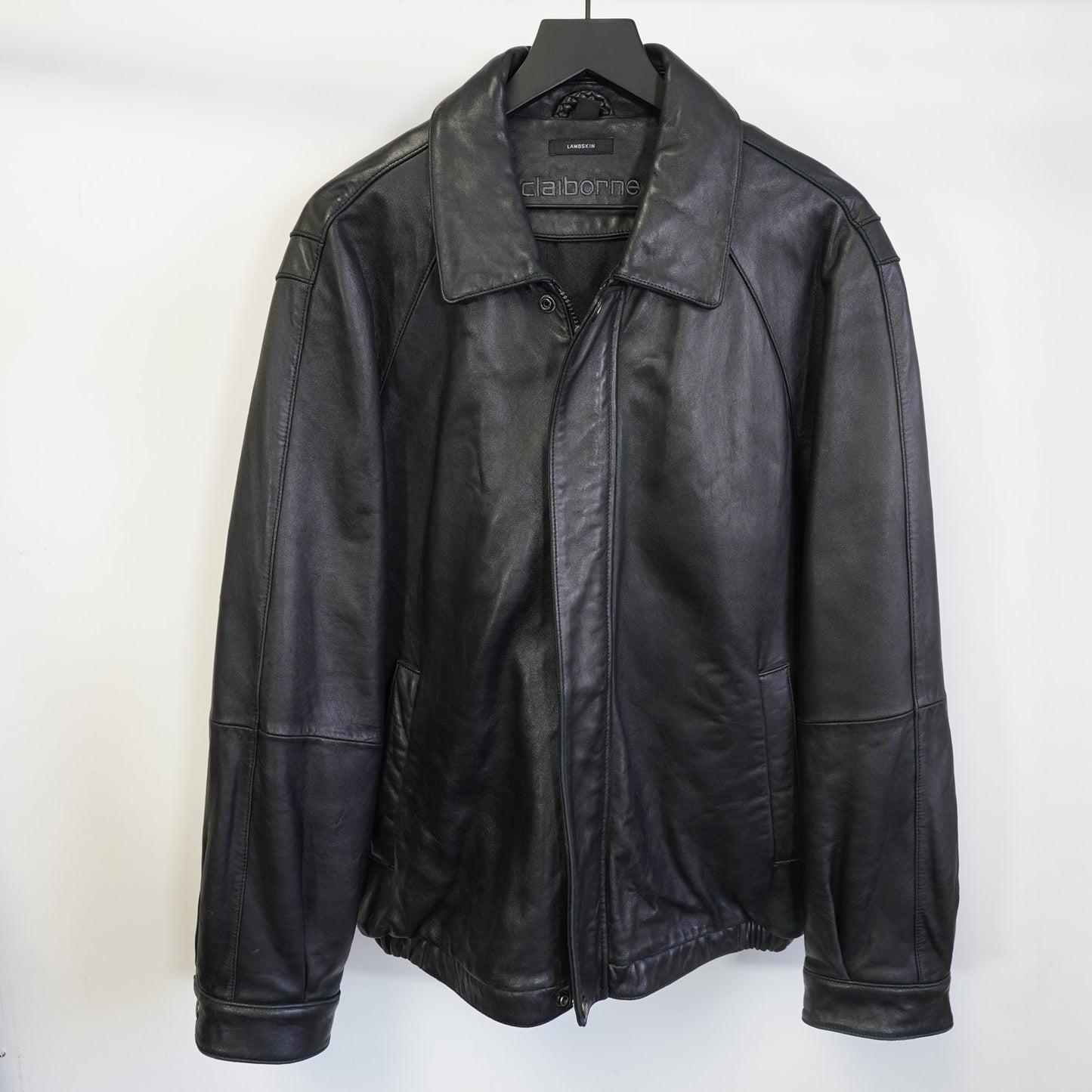 Vintage Claiborne Black Lambskin Leather Bomber Jacket Men's L Premium Soft