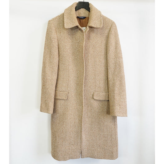 (Women's S) Vintage Apria Italy Herringbone Wool Tan Overcoat Women's S Full Length Mob Wife