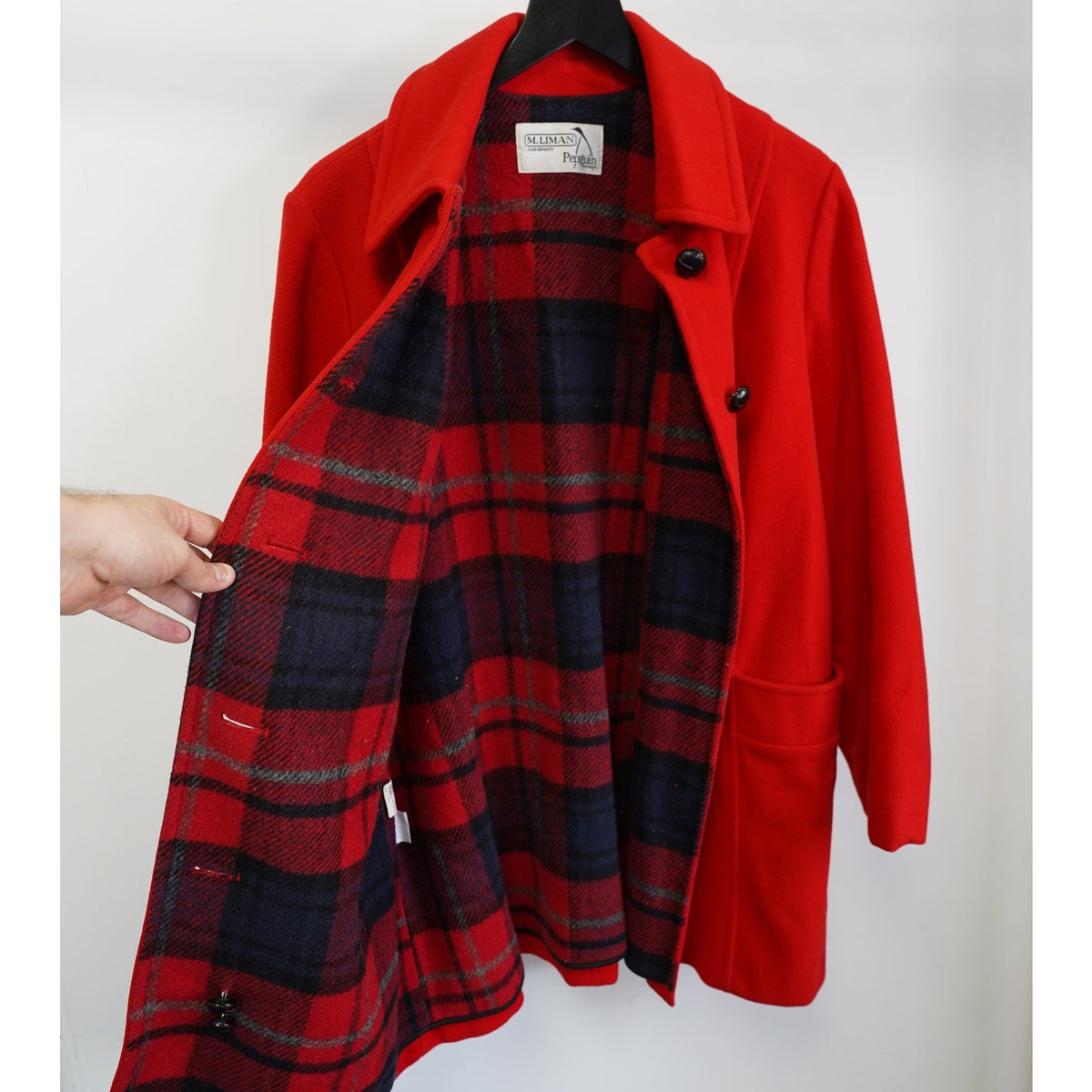 (L) True Vintage M. Liman Co Penguin Fashions Womens L Red Wool Coat w/ Plaid Lining