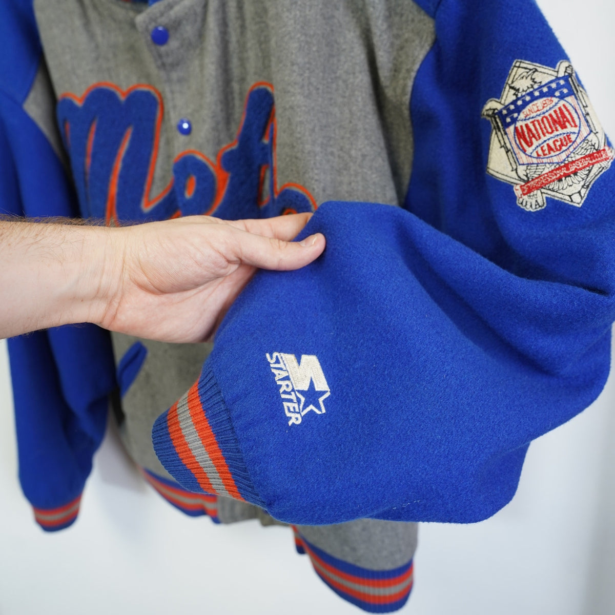 (XL) Vintage NY Mets Starter Wool Varsity Jacket Embroidered Men's XL 90s Gray Blue