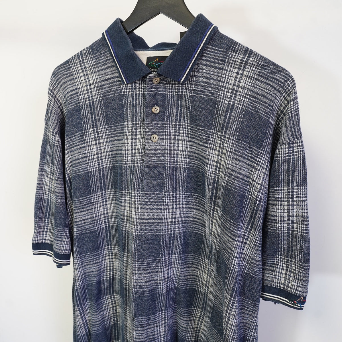 (XL) Vintage Greg Norman Plaid 90s Golf Polo Shirt Men's XL Navy White Retro