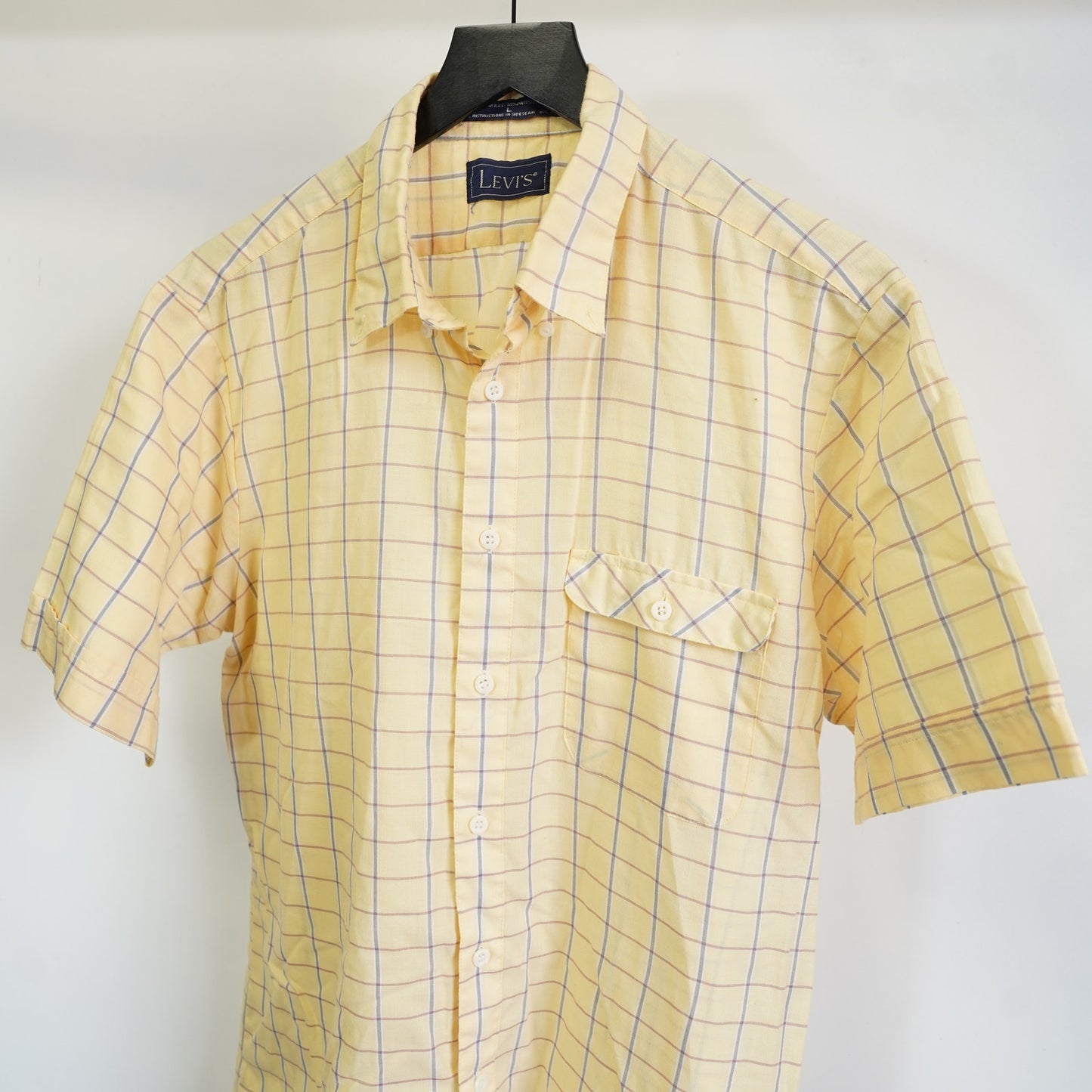 (L) True Vintage Levis 70s Button Up Shirt Grid Pattern Men's L White Disco Western
