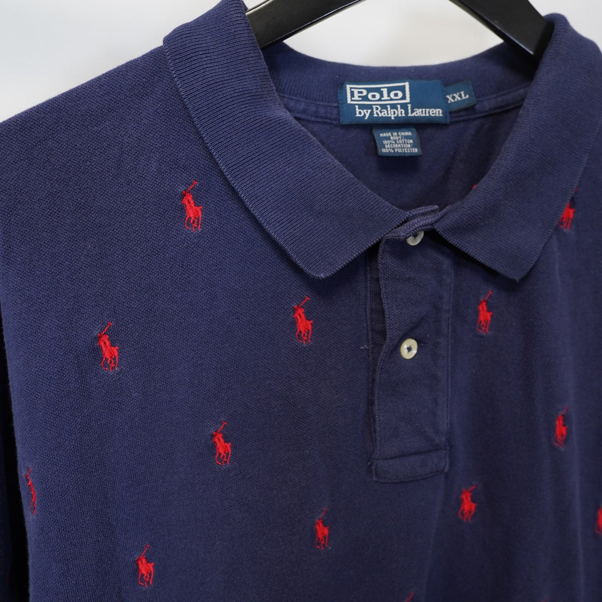 (XXL) Vintage Polo Ralph Lauren All-Over Embroidered Pony Polo Shirt Mens XXL Navy Red