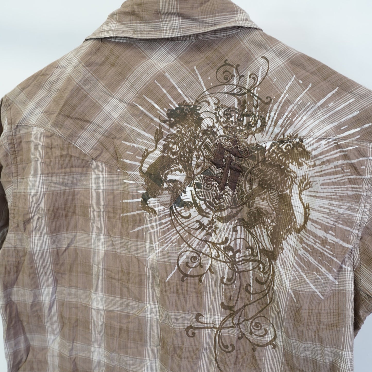 (S) Vintage Indigo Star Y2K Embroidered Western Pearl Snap Button Up Mens S Tan 2000