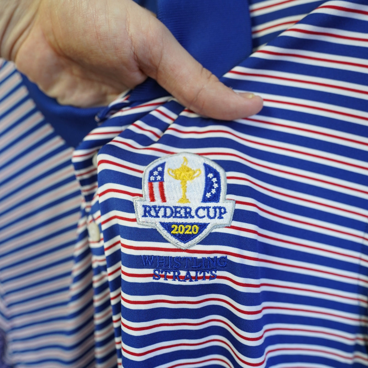 (L) Brooks & Brothers Ryder Cup 2020 Sewn Striped Golf Performance Polo Men's L Blue