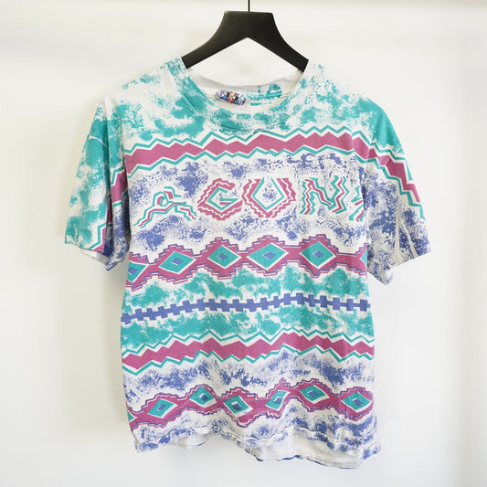 (L) Vintage Laguna 90s Striped Surf Skate T-Shirt Men's L All Over Print Aqua Pink