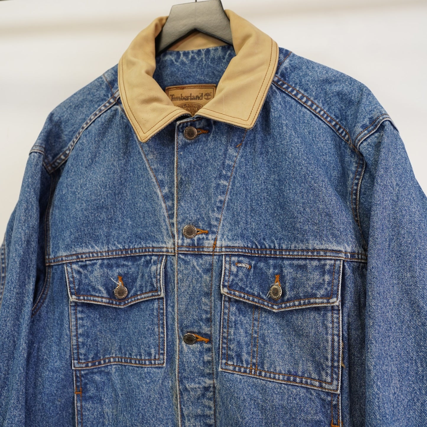 Men's M Vintage 90s Timberland Trucker Weathergear Classic Denim Jacket Leather Collar