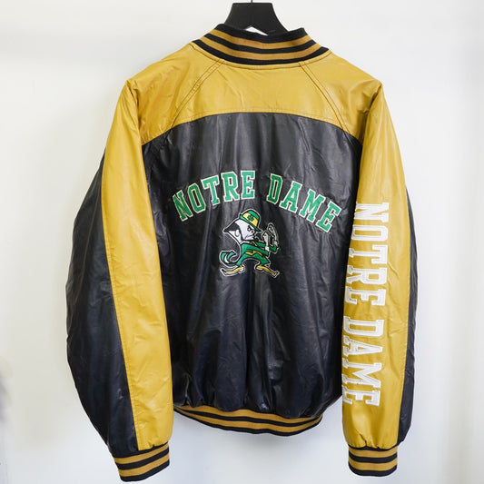 (L) Vintage Notre Dame Fighting Irish Leather Varsity Jacket Men's L Navy Gold Retro