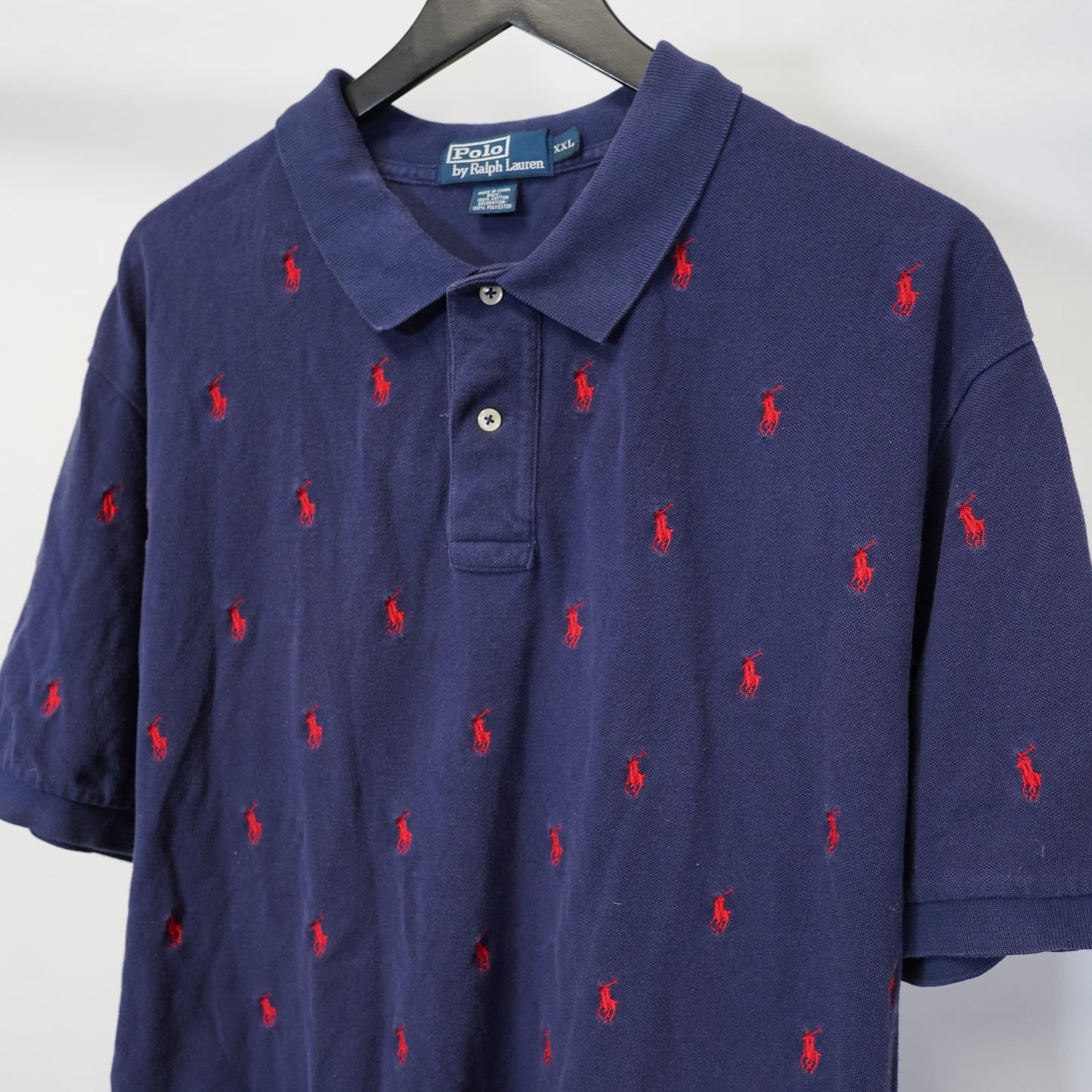 (XXL) Vintage Polo Ralph Lauren All-Over Embroidered Pony Polo Shirt Mens XXL Navy Red