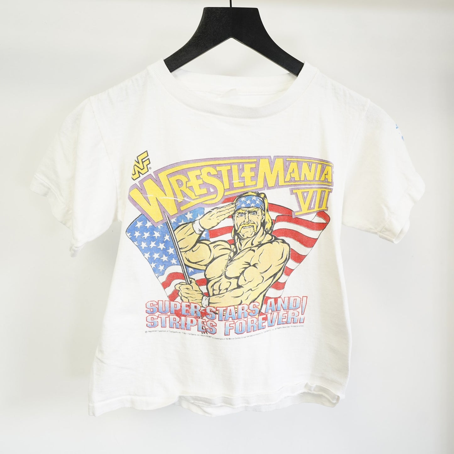 (Boys M/L) Vintage Wrestlemania VII Hulk Hogan 90s T-Shirt Boys M/L 10-12 White WWF WWE