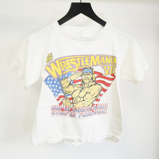 (Boys M/L) Vintage Wrestlemania VII Hulk Hogan 90s T-Shirt Boys M/L 10-12 White WWF WWE