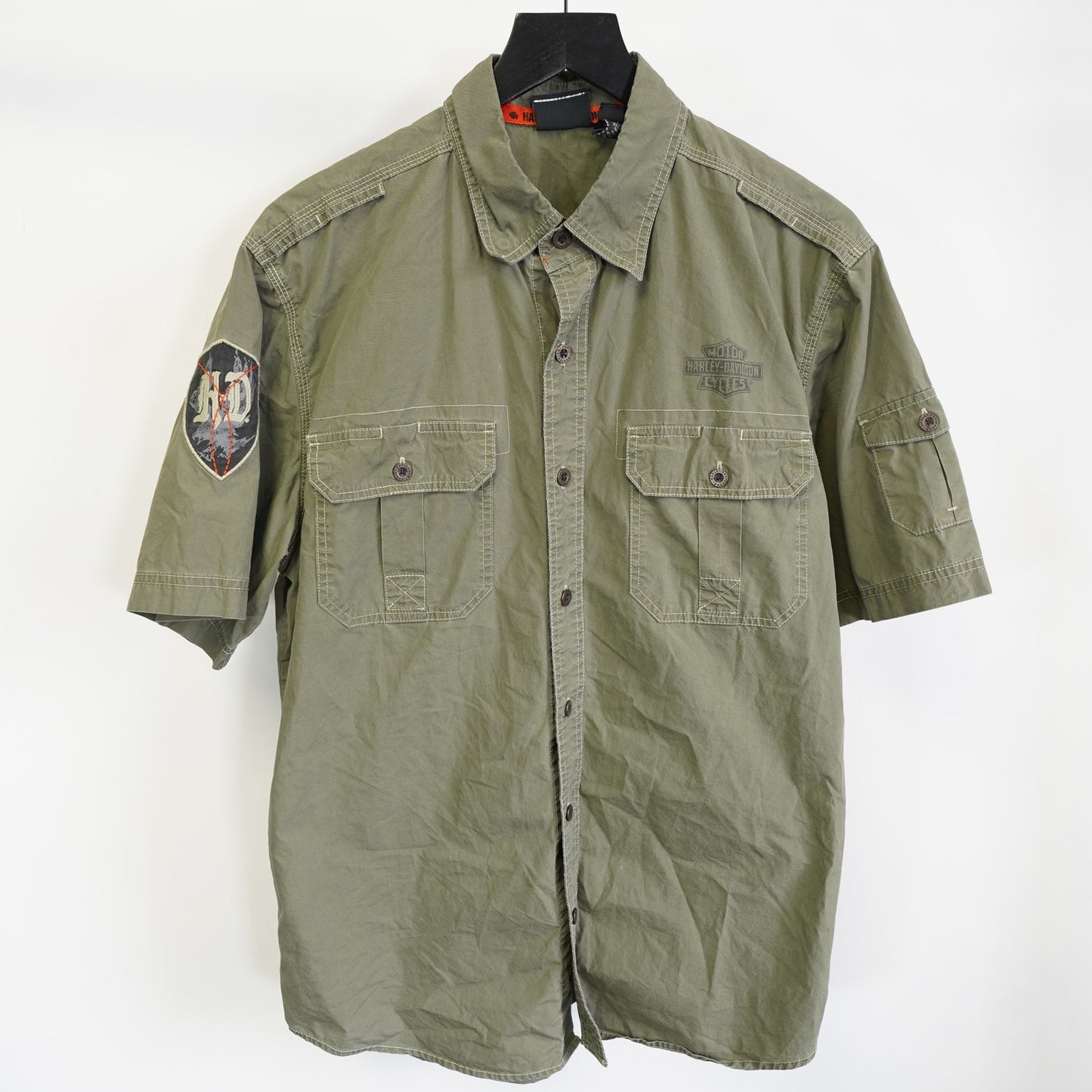 (M) Vintage Harley Davidson Motorcycles Patchwork Button Up Shirt Mens M Green Biker