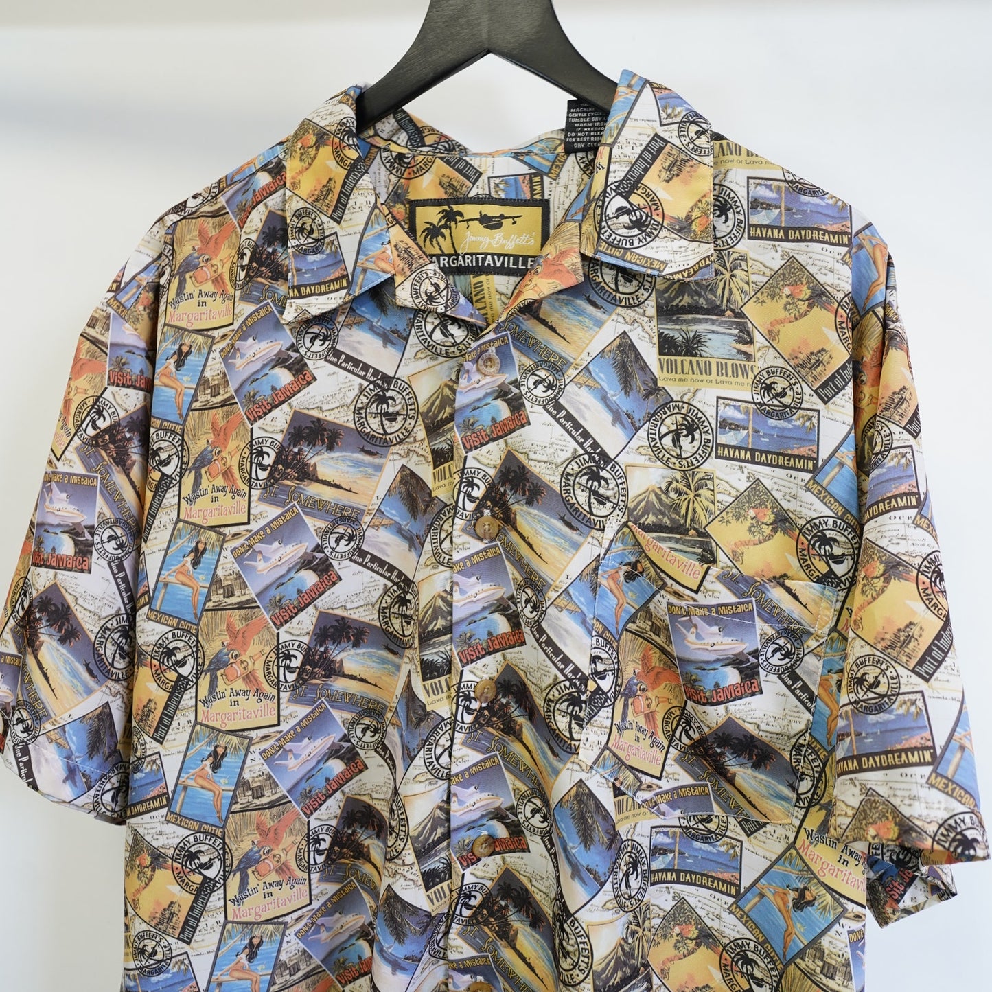 (XL) Vintage Jimmy Buffett Margaritaville Hawaiian Shirt Mens XL Pinup Girl Palm Tree