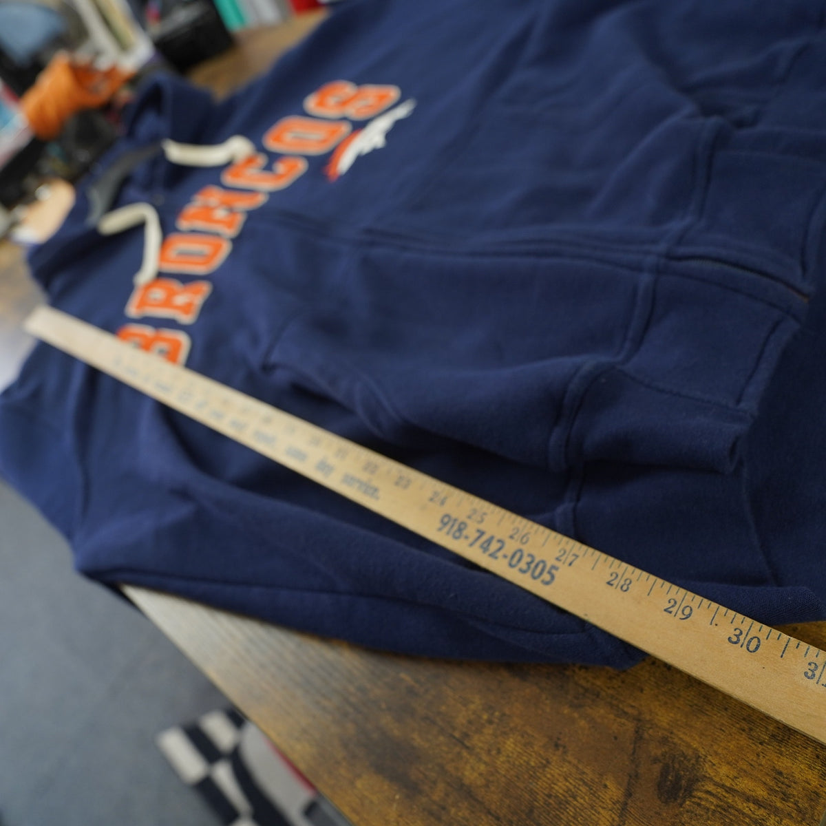 (XXL) Denver Broncos Sewn Full Zip Embroidered Hoodie Men's XXL Navy Blue Retro