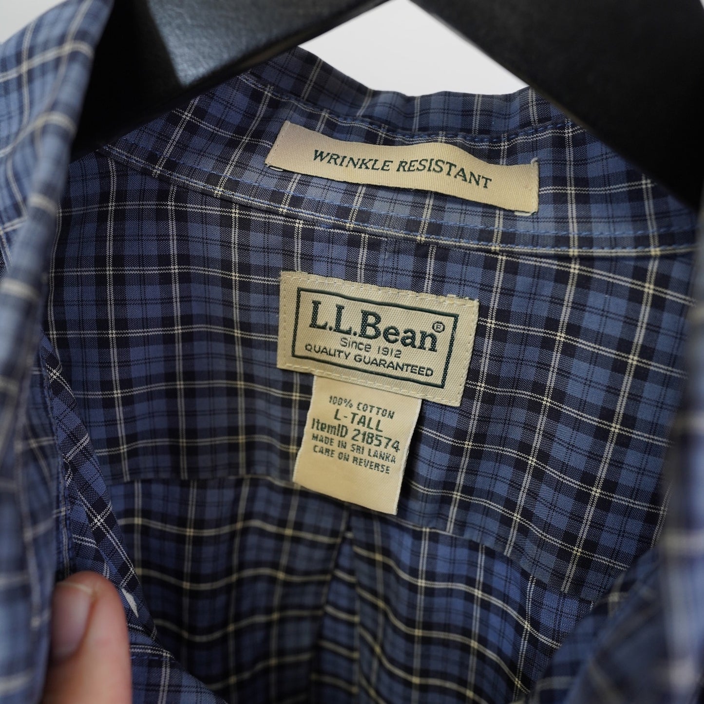 (L) L.L. Bean Blue Plaid Button Up Shirt LS Men's L-Tall Wrinkle Resistant Preppy