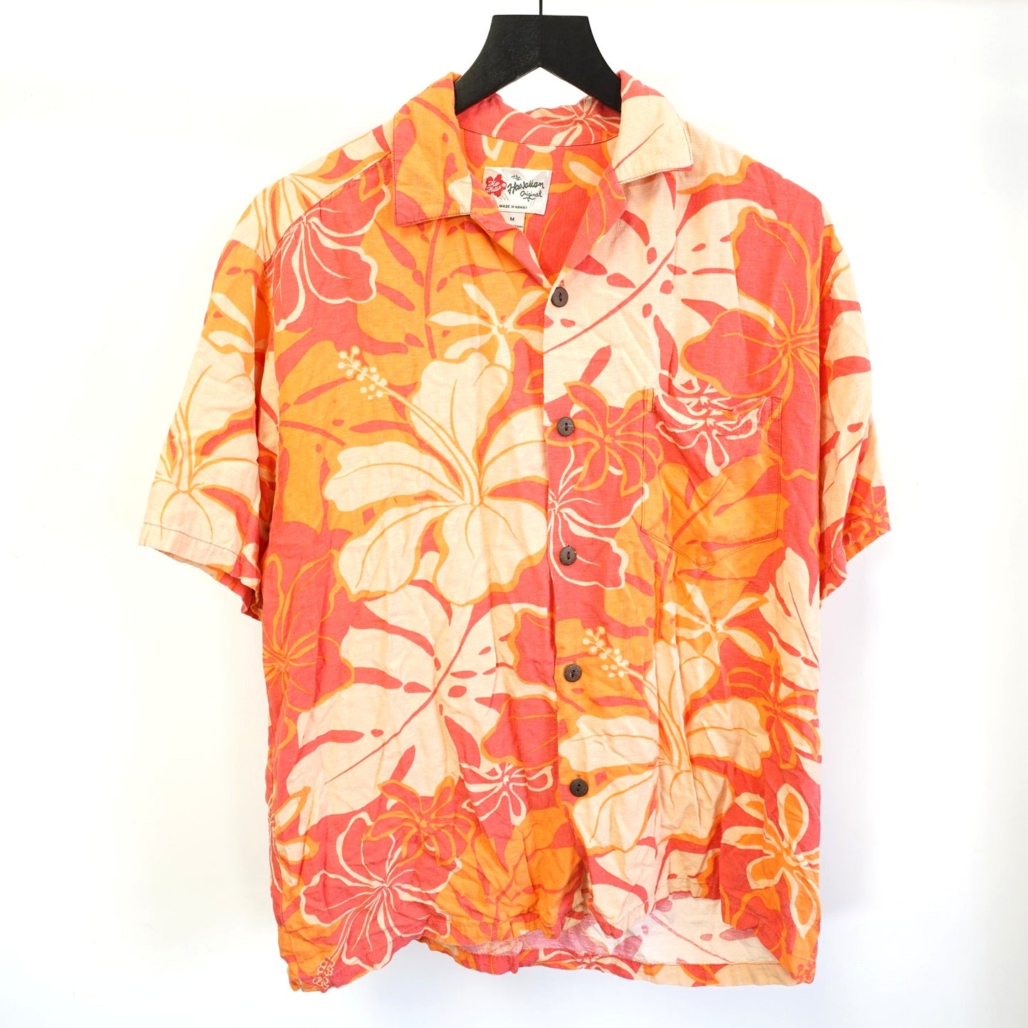 (M) Hilo Hattie Vintage Hawaiian Shirt Floral Hibiscus Men's M Orange Tropical Surf