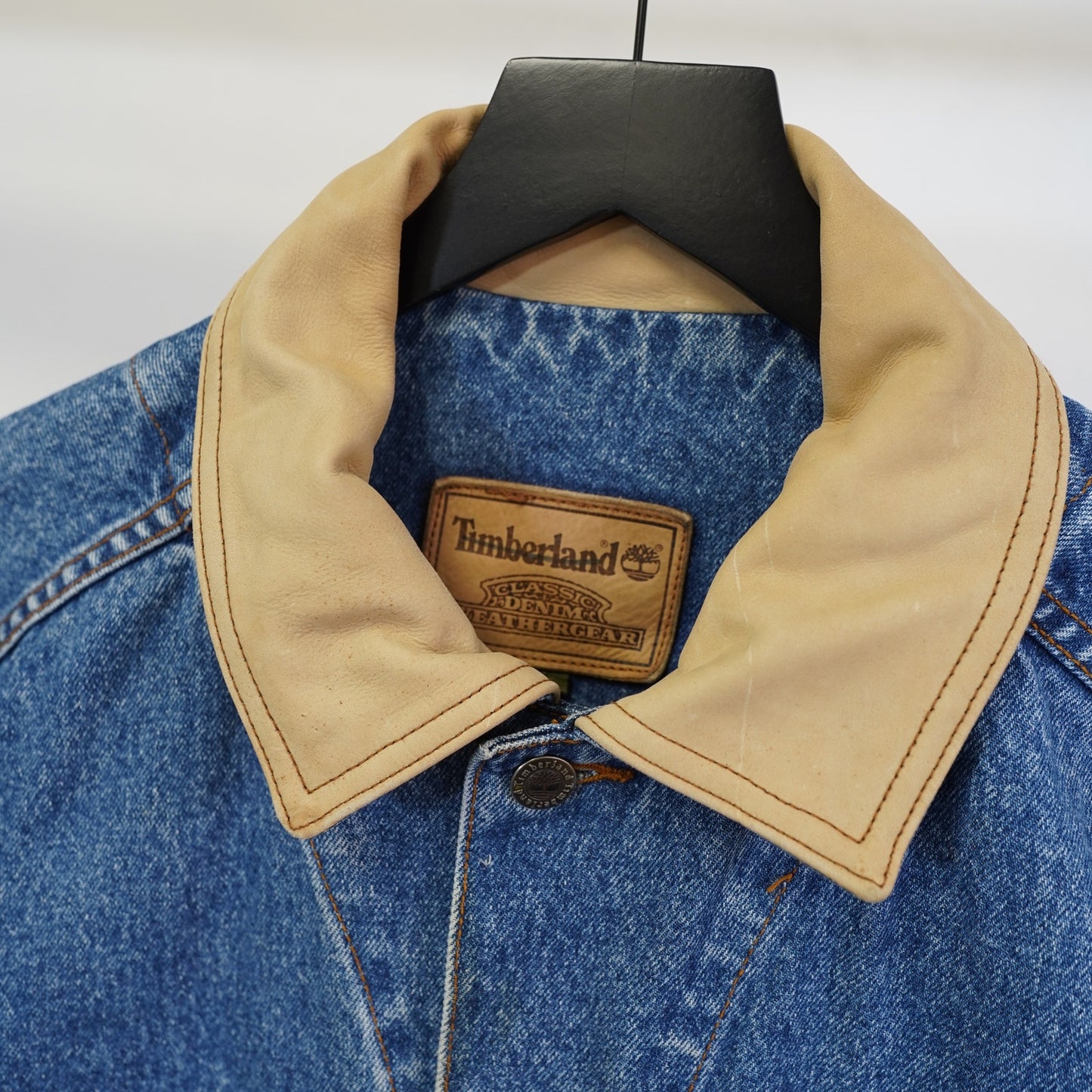 Men's M Vintage 90s Timberland Trucker Weathergear Classic Denim Jacket Leather Collar