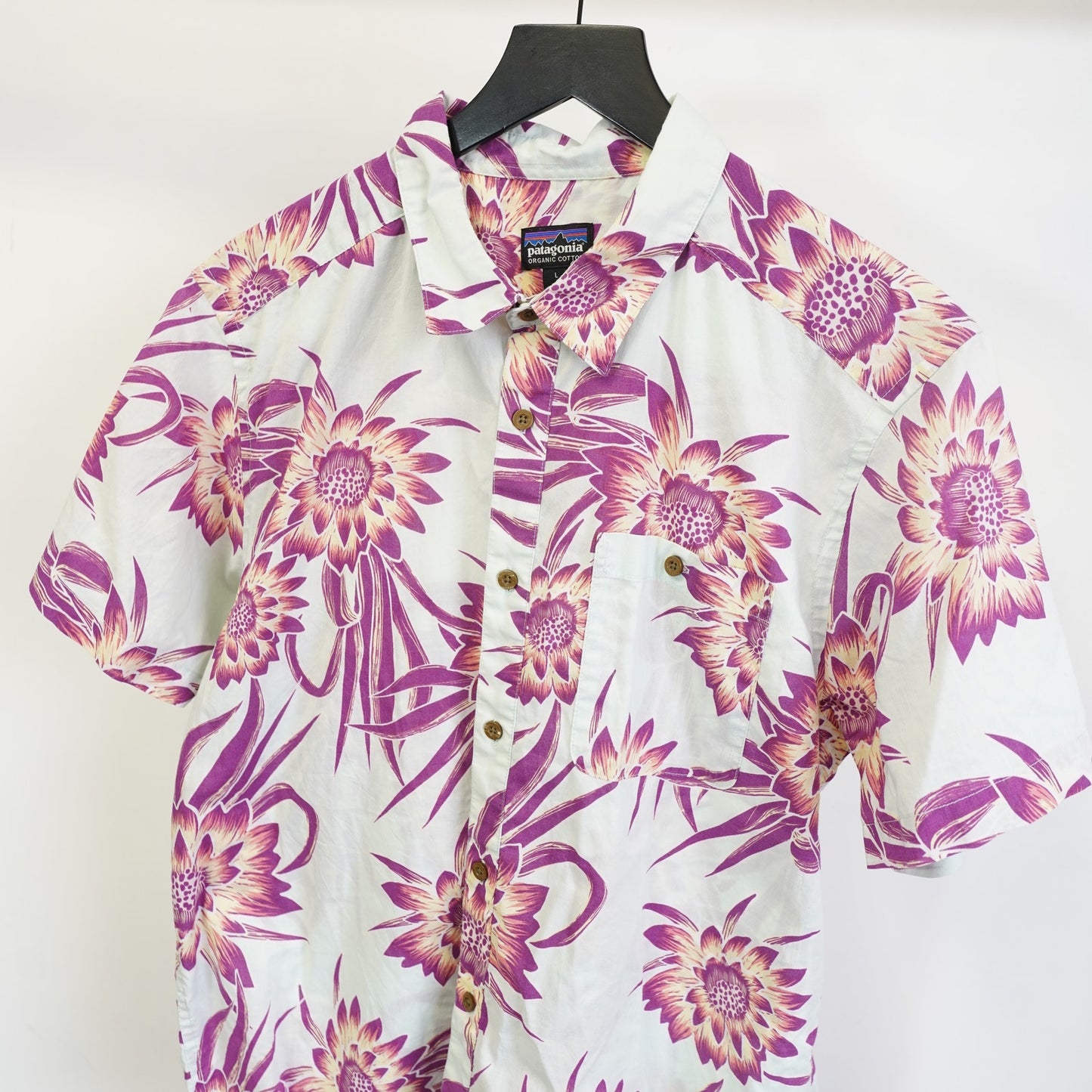 (L) Patagonia Organic Cotton Hawaiian Shirt Men's L Floral Tropical Blue Purple