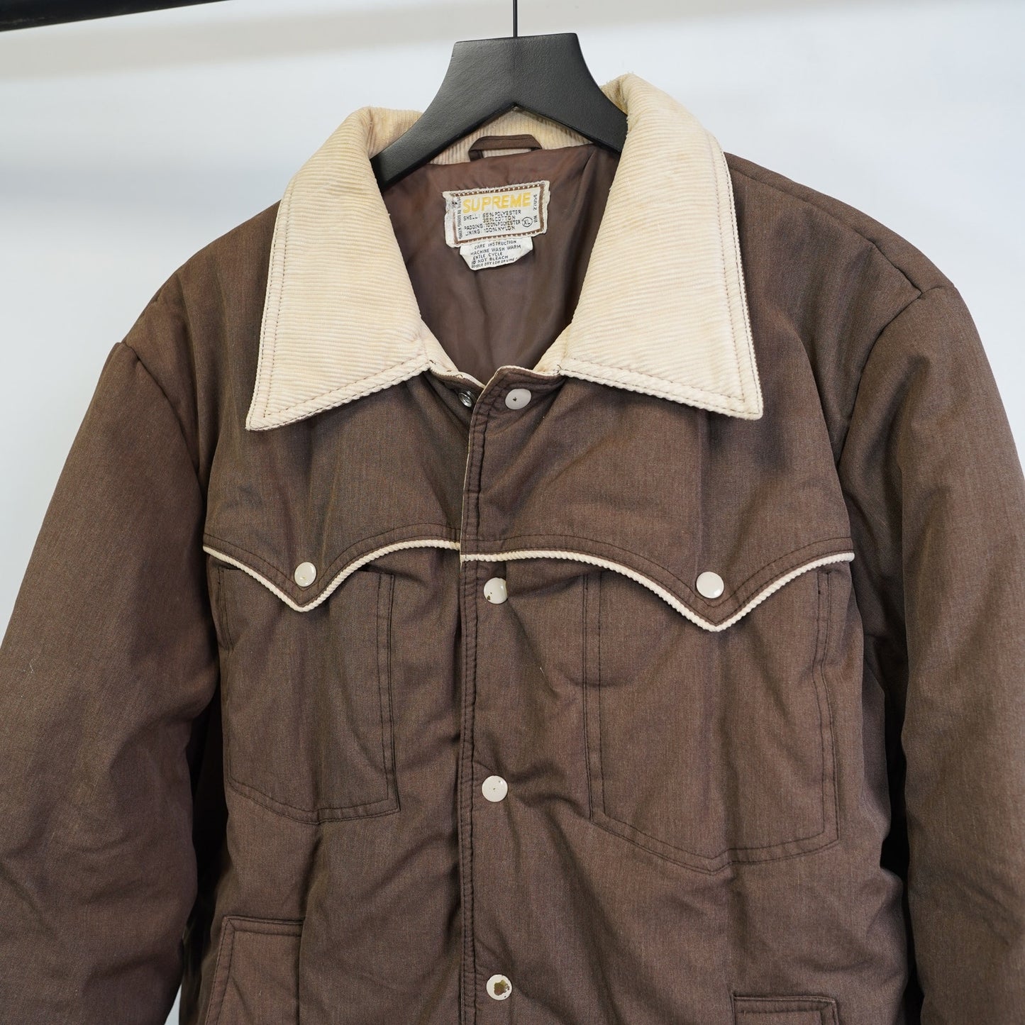 (XL) Vintage 70s Supreme Western Puffer Jacket Men's XL Cowboy Ranch Coat Brown