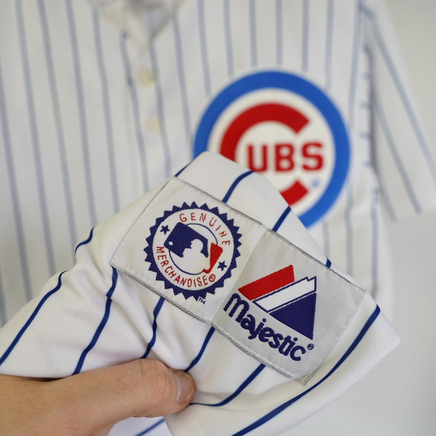 (M) Majestic Chicago Cubs Pinstripe Kenny Wood Authentic Vintage MLB Jersey