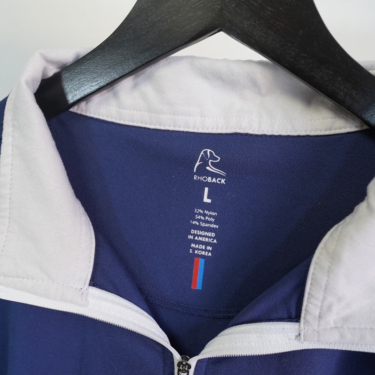 (L) Rhoback Performance 1/4 Quarter-Zip Pullover Fleet Navy USA Flag Men's L Blue