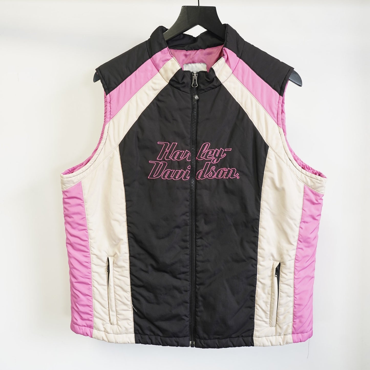 (Women's XXL) Vintage Harley Davidson Motorcycles Puffer Vest Women's 2XL Black Pink Y2K