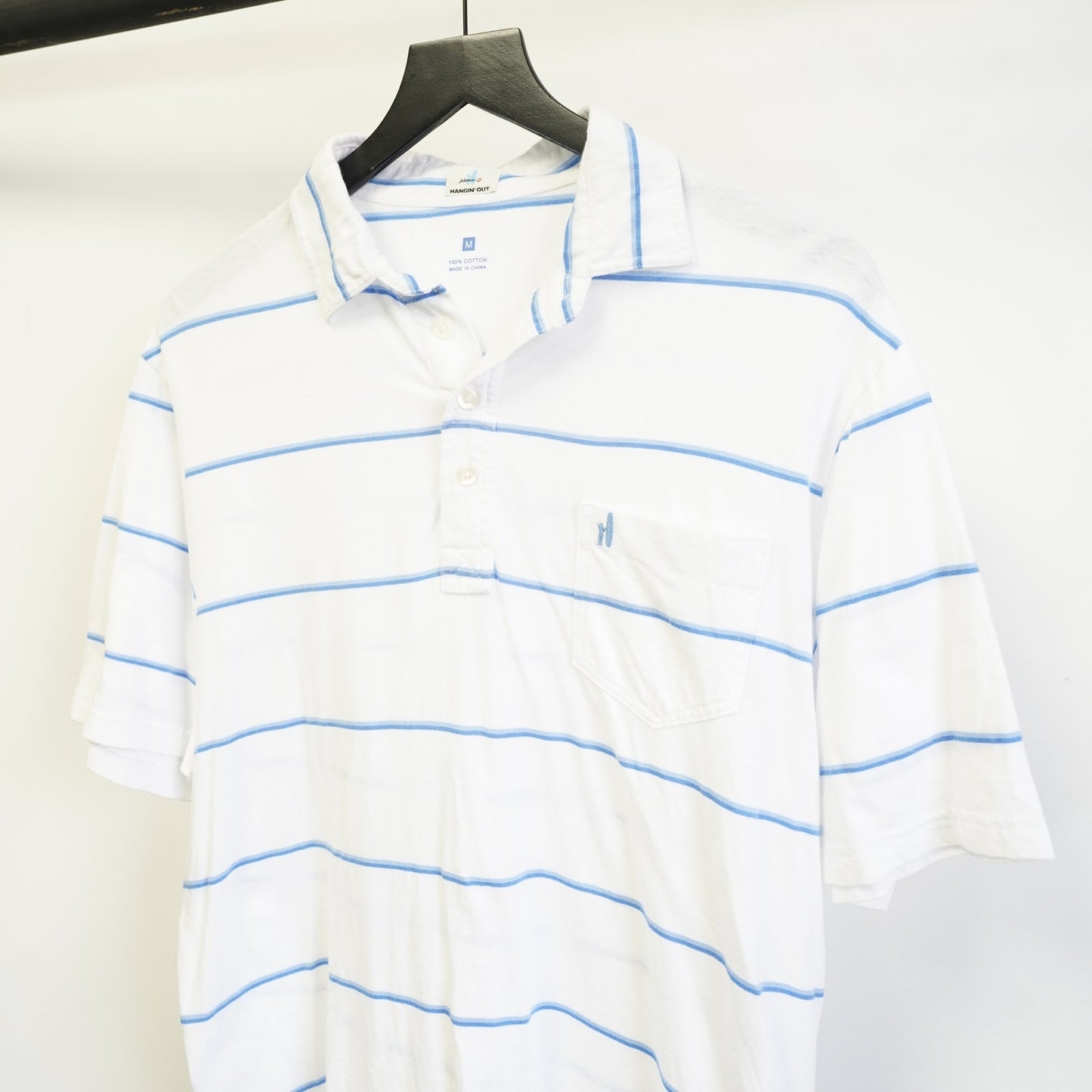 (M) Johnnie-O Hangin' Out Striped Golf Polo Shirt Men's Size M White Blue Preppy