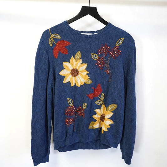 (Women's XL) Vintage Floral Embroidered Alfred Dunner Knit Grannycore Sweater Women's XL Blue