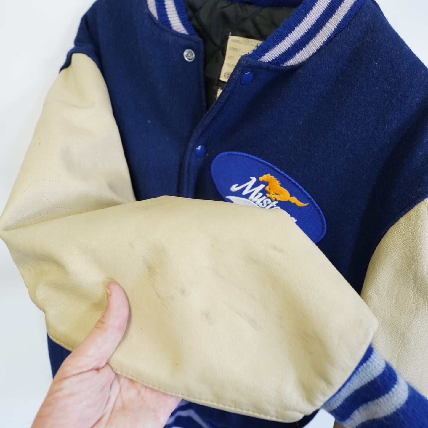 (XL) Vintage Ford Mustang DeLong Varsity Jacket Men's XL Sz. 48 Blue Tan Leather Wool