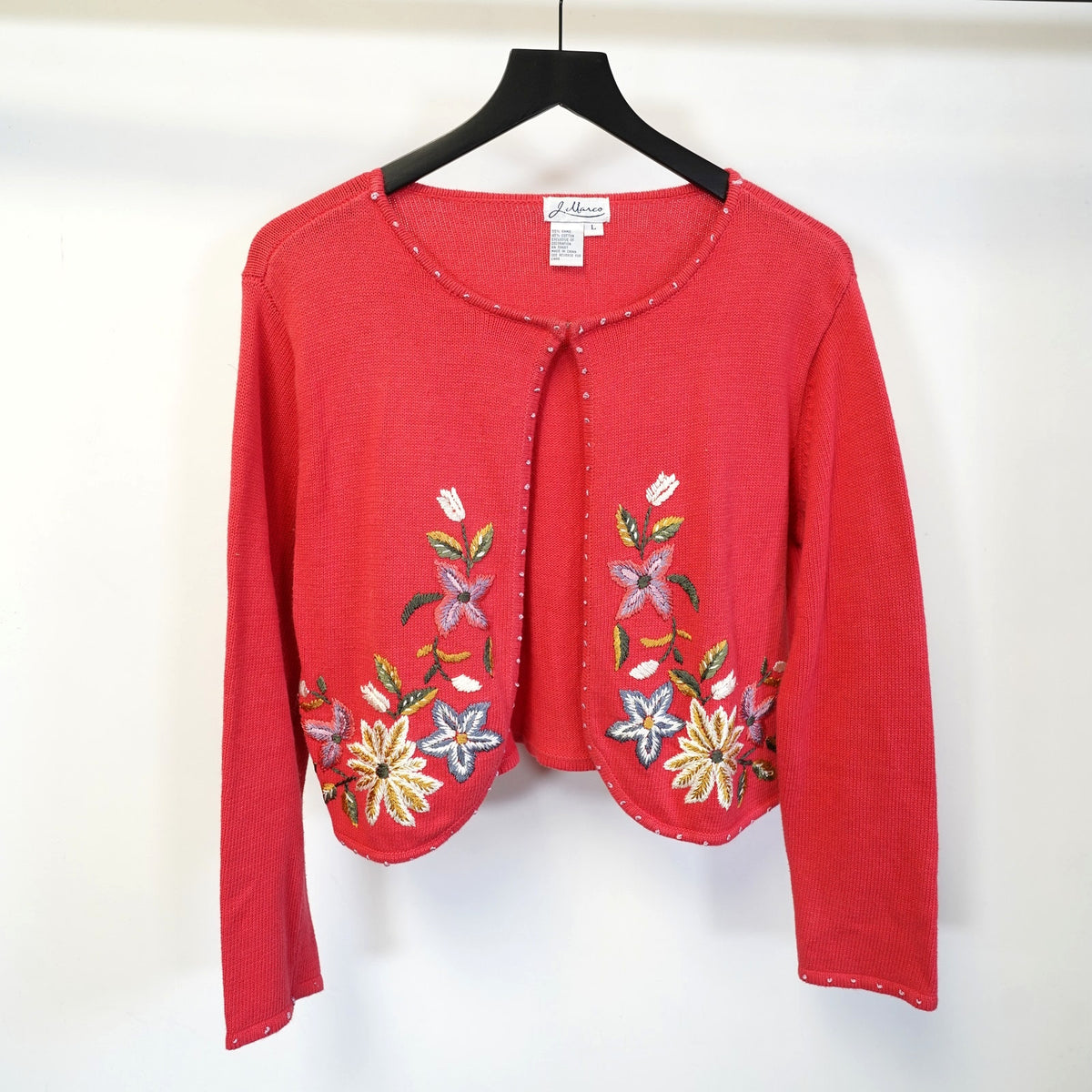 (Women's L) J. Marco Cropped Floral Cardigan Embroidered Sweater Boho Women's L Cottage Red