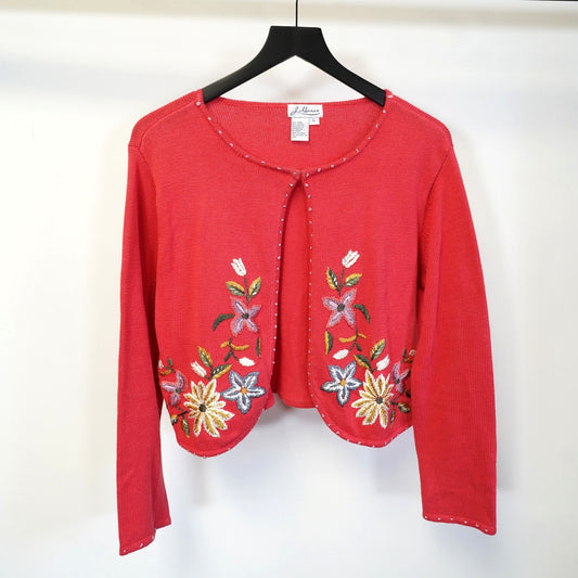 (Women's L) J. Marco Cropped Floral Cardigan Embroidered Sweater Boho Women's L Cottage Red