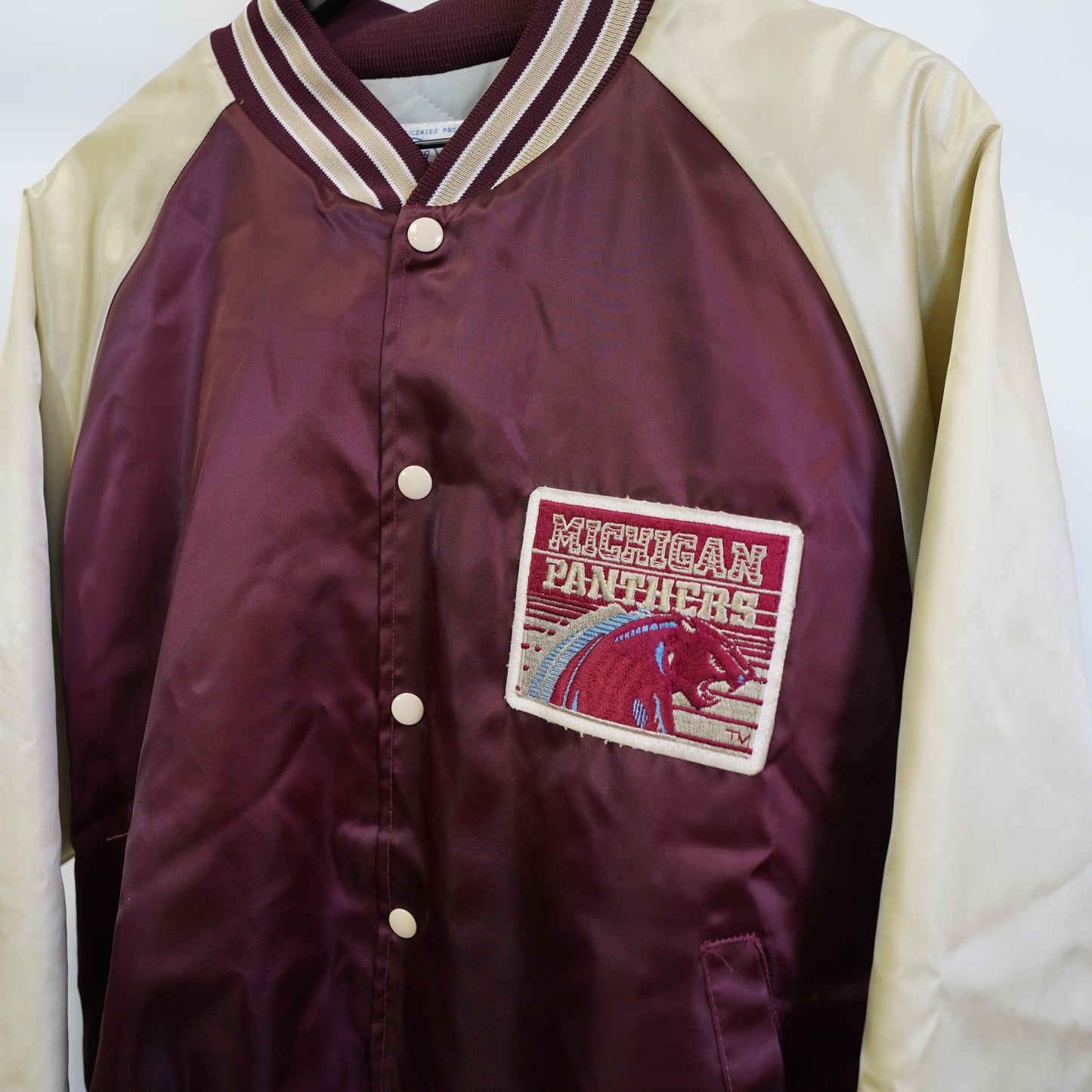 (XL) Vintage Michigan Panthers USFL Satin Bomber Jacket Men's XL 80s Red Gold Retro